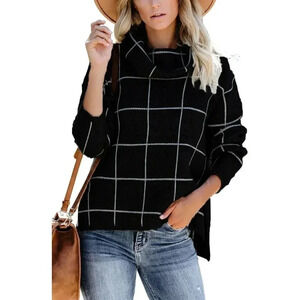 Aoisagula Women's Turtleneck Grid Sweaters Casual Knit Pullover Sweatshirt-Black